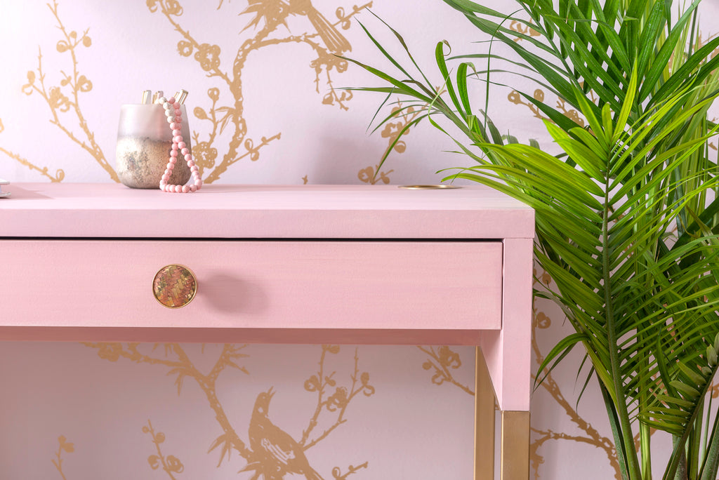 Ikea Micke Desk Painted in a a pretty. pink with gold accents.