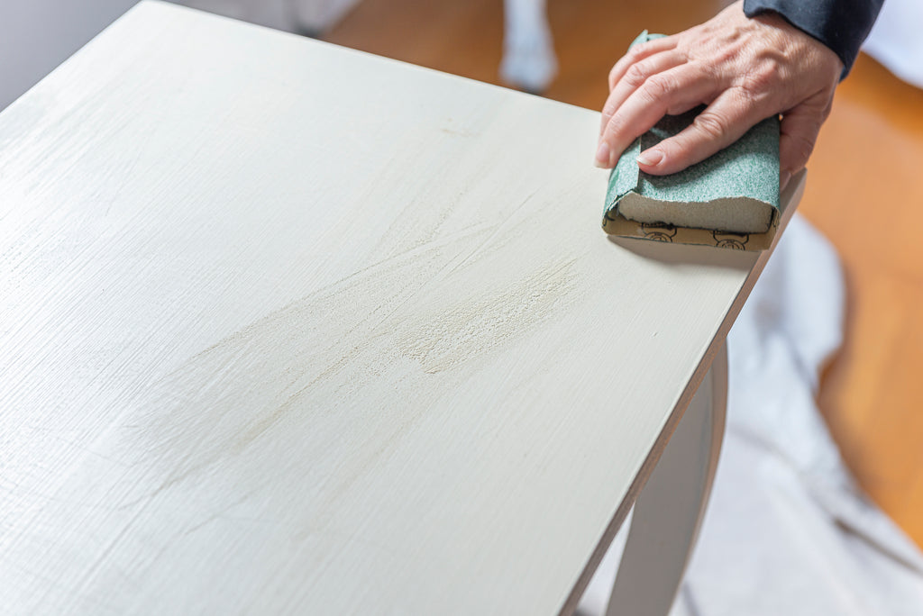 Sanding is the first step for a Side Table Transformation in One Hour