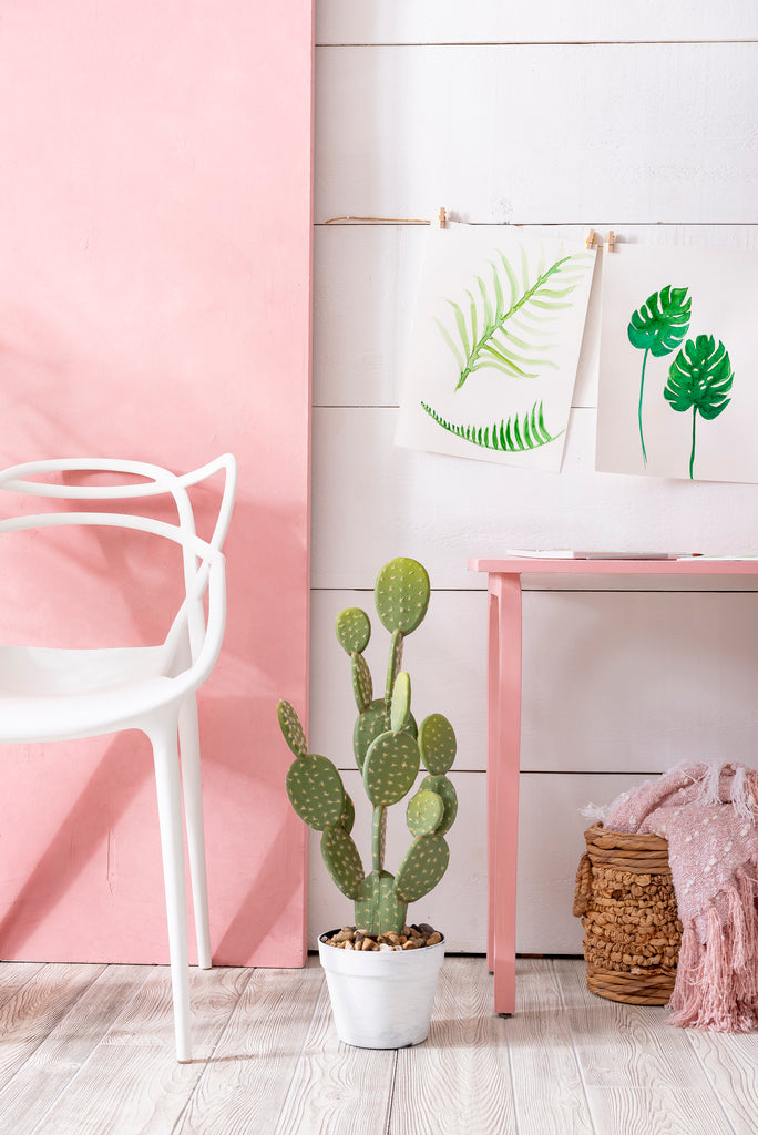 palm springs pink accent wall with leafs