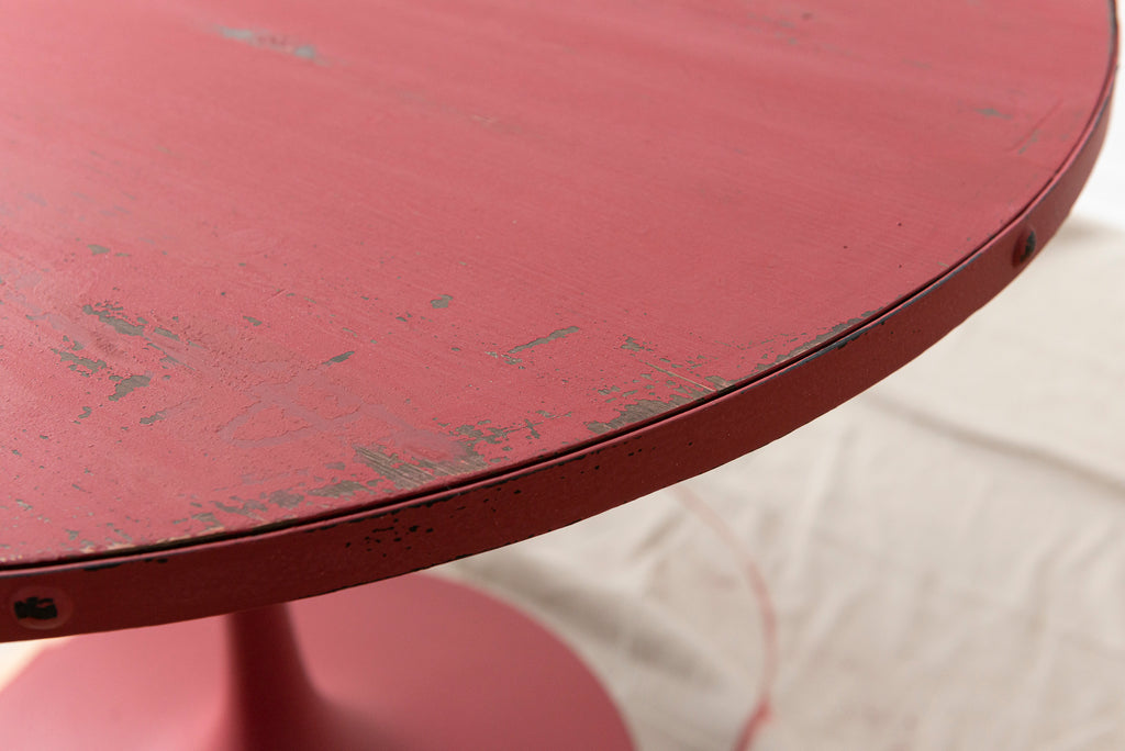 painted upcycled round table with steel base in Sangria Milk Paint