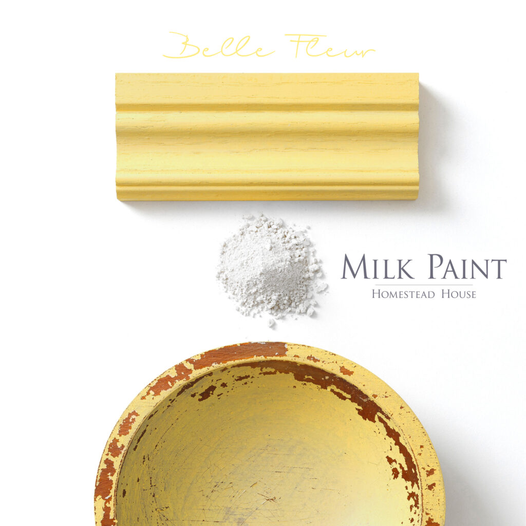 Milk paint powder and bowl painted in bright yellow belle fleur