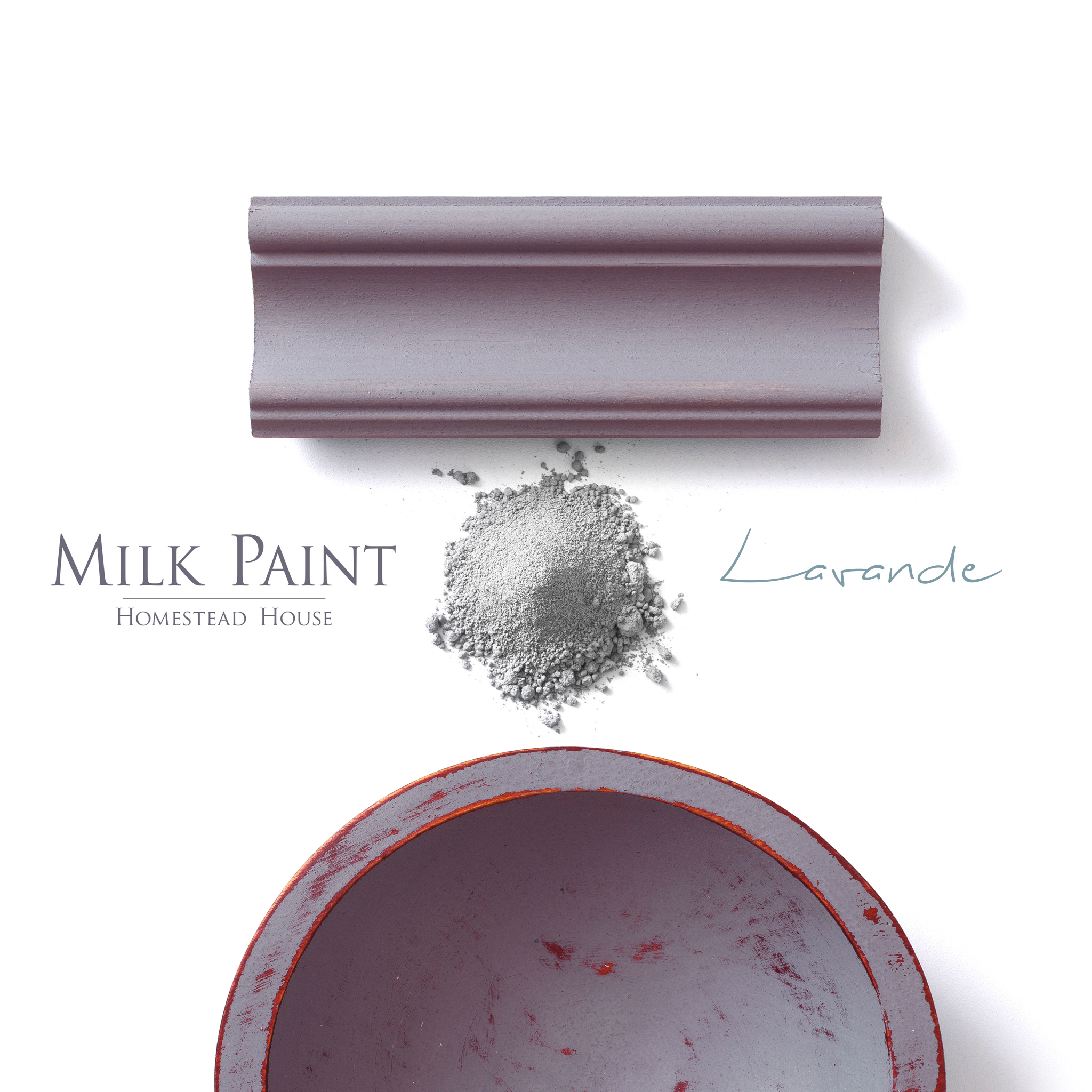 milk paint powder and bowl painted in the colour lavende