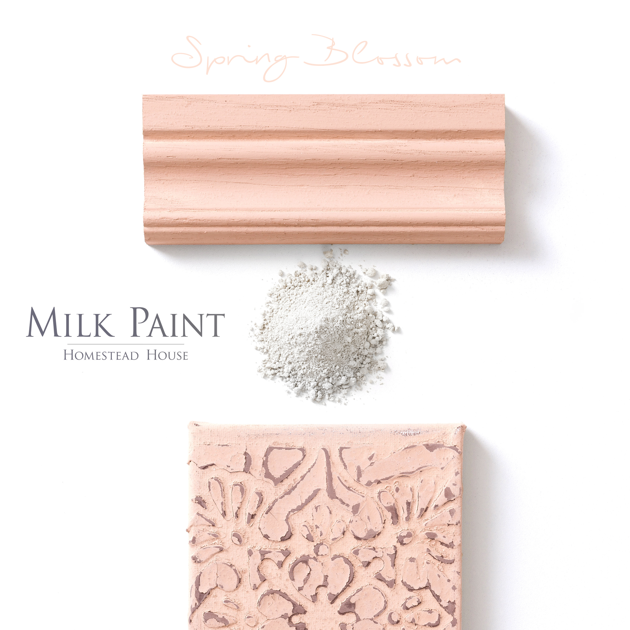 Spring Blossom milk paint flat lay, pile of powdered milk paint and painted trim