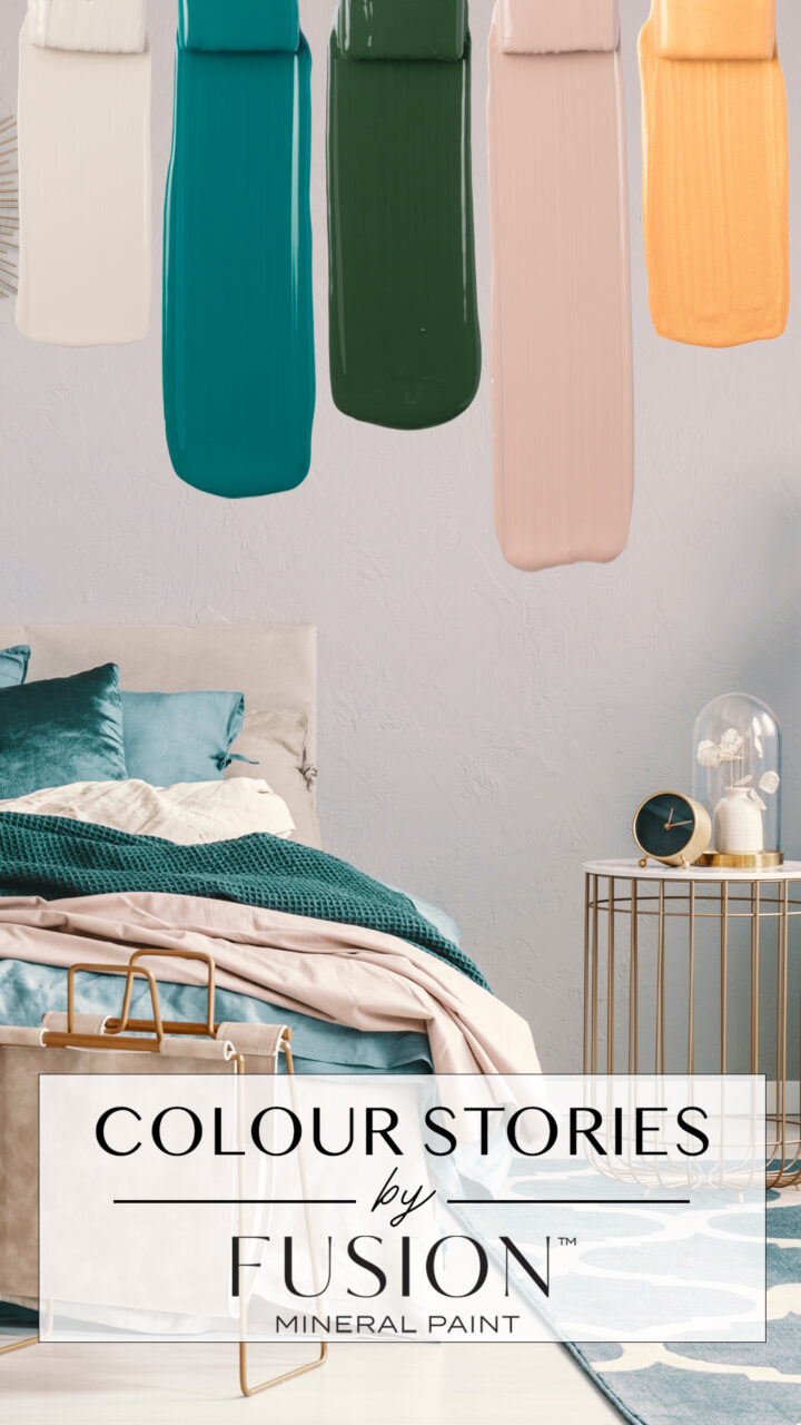 Paint swatches oveer interior bedroom scen with ruffled linen sheets in blues and greens