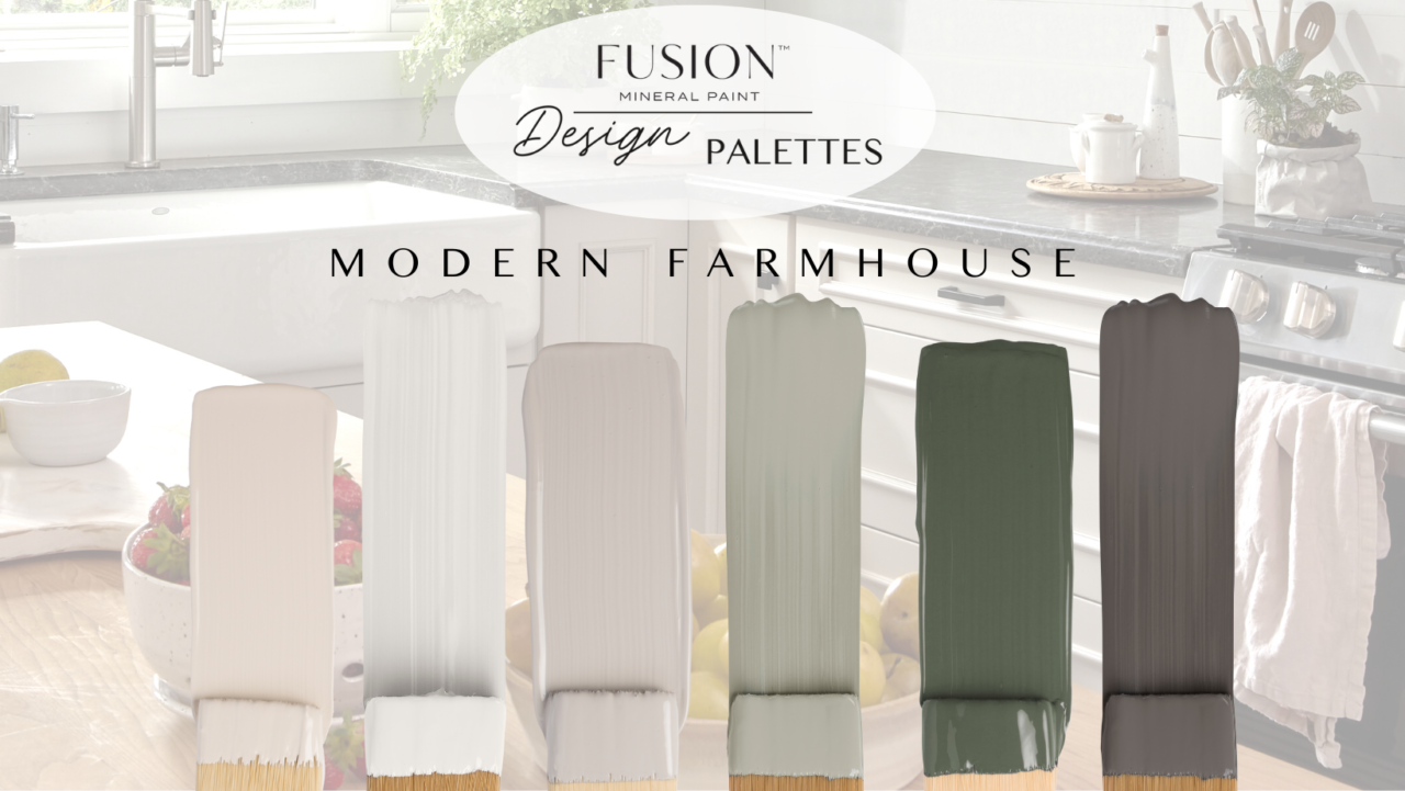 January's Design Palette Modern Farmhouse 
- modern farmhouse in the background with paint brush strokes in the chosen colours