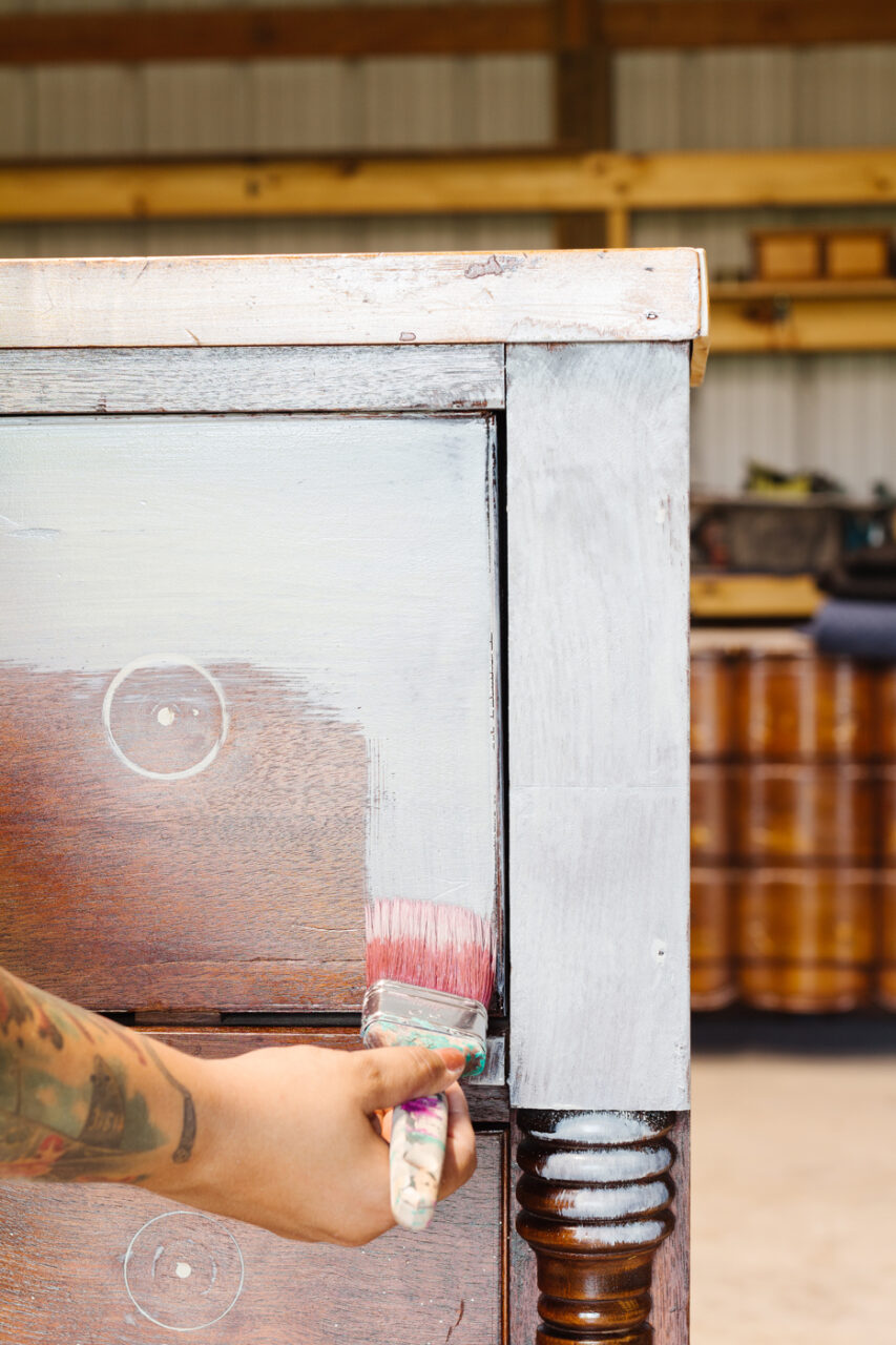 First coat of Silhouette being applied to the vintage dresser