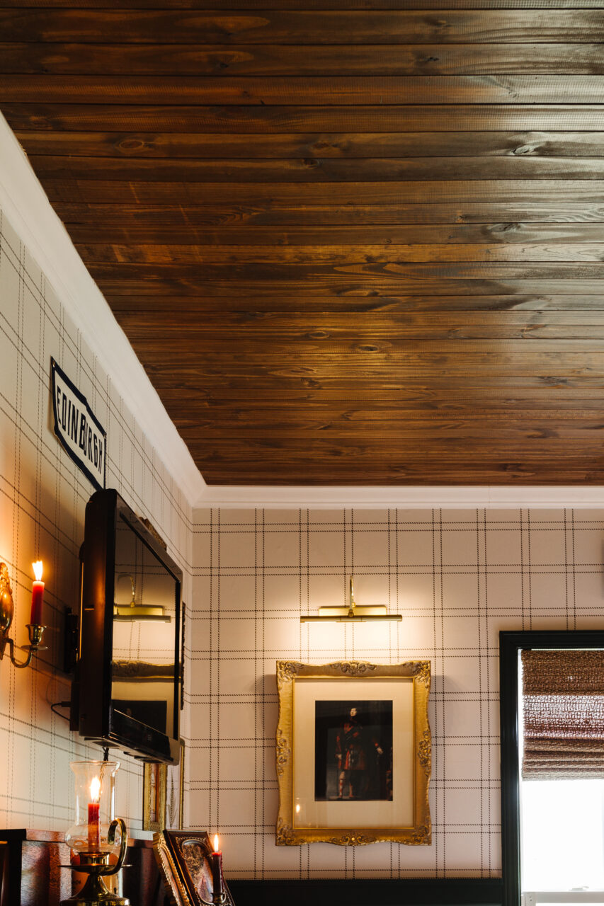 Fulle ceiling view of planked warm rich wood.Wood Plank Ceiling with Fusion's Gel Stain & Topcoat: A Budget-Friendly Makeover